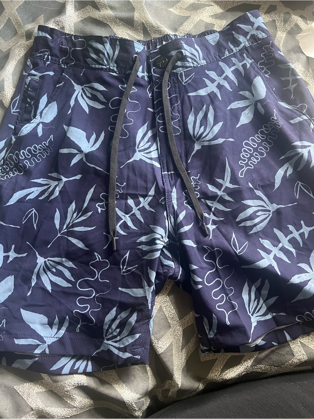 Men's Navy Blue Leaf Print Swim Trunks